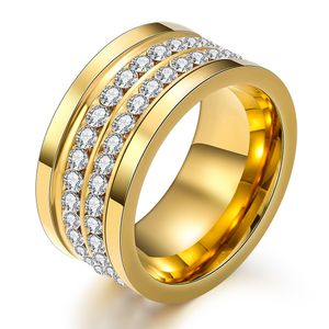 2019 Nouveau Personnalisé Titane En Acier Inoxydable Or Argent Diamant Femmes Bague Bande Personnalisé 2 Rangée Strass Amoureux Cadeaux En Gros