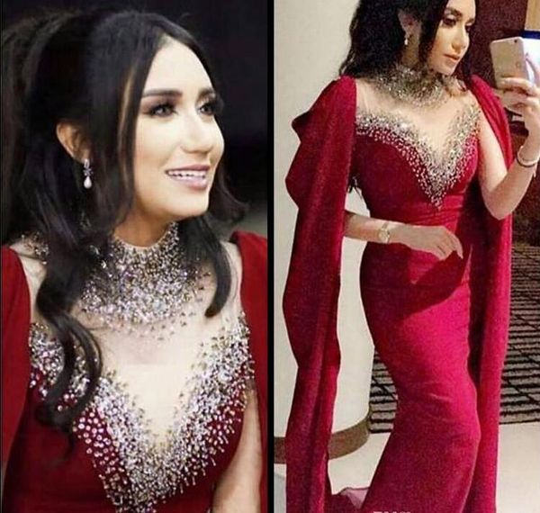 2019 nouveau designer saoudien arabe col haut robes de bal Liban perlé cristal sexy rouge foncé sirène longue robes de soirée robes