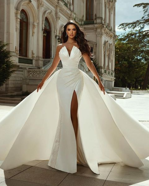 Elegante vestido de novia de sirena con encanto, sexy, apliques de encaje sin tirantes con tren largo, vestidos de novia divididos en el lado alto, satén fruncido sin espalda, personalizado Boho