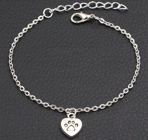 Nieuwe Dog Paw Prints Heart Charms Armband Antiek Zilver DIY Handgemaakte Link Ketting Armband Voor Vrouwen Heet