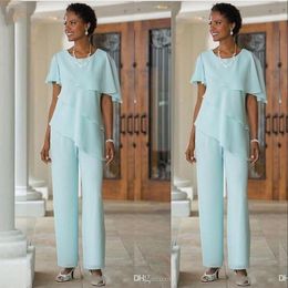 Nieuwe Designer Moeder Off Bride Jurken Pant Suits Jewel Hals Kant Chiffon Tiered Korte Mouwen Plus Size Goedkope Kolom Bruiloft Gastenjurken