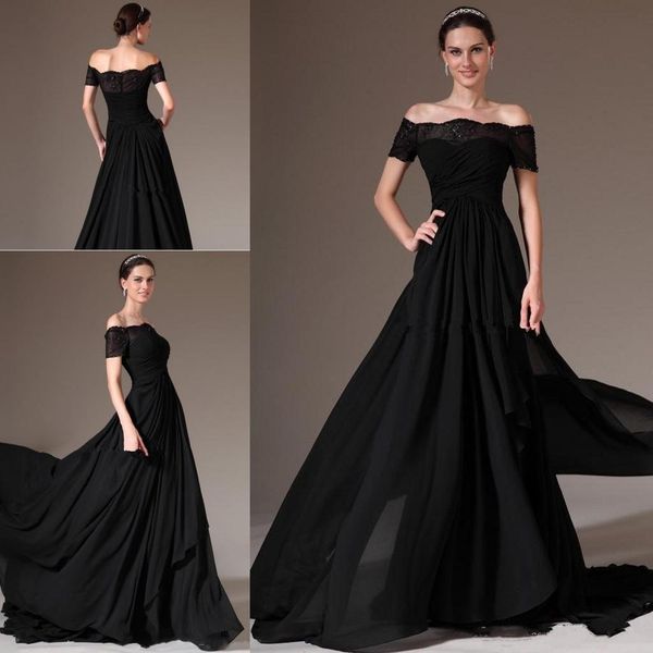 2019 New Elegant Black Off-Shoulder A-Line Robes De Bal Manches Courtes En Mousseline De Soie Classique Robes De Soirée Plus La Taille Custom Made Vestidos