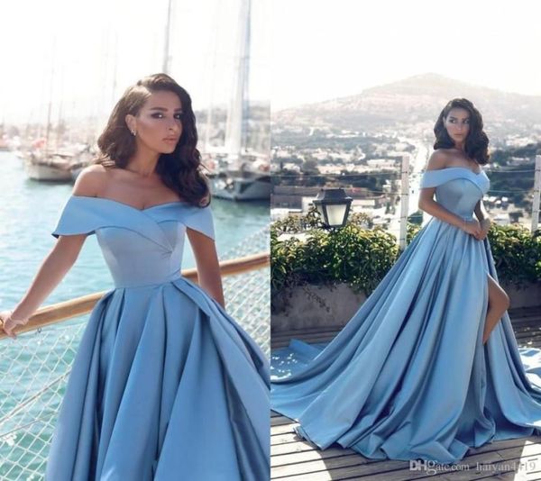 2019 Nouvelle élégante épaule des femmes robes de bal de bal de style arabe ciel bleu satin divisé avant sans robe de soirée formelle pagean6152938