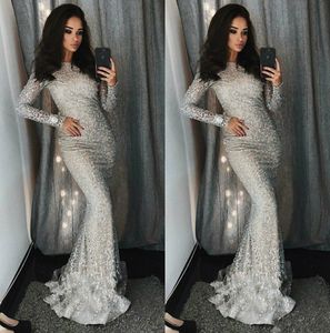 2019 nieuwe elegante zilveren zeemeermin prom jurken juweel nek lovertjes formele avondjurken lange mouwen pageant feestjurk plus size