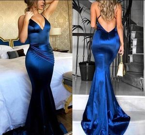 2019 Nieuwe Elegante Spaghetti Straps Prom Dresses Sexy Royal Blue Backless Elastic Slik zoals Satin Formele Avond Occusturs Towns Custom Made