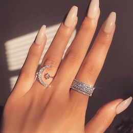 2019 Nueva moda 100% 925 Anillo de plata Luna Estrella Deslumbrante Anillo de dedo abierto para mujeres Niñas Joyería Pura Boda Compromiso Gift289B