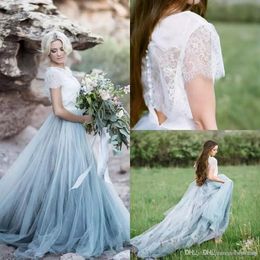 Nieuwe Mode Landstijl Goedkope A Line Trouwjurken Tiered Tule Mouwen Backless Light Blue Rokken Plus Size Trouwjurk Custom