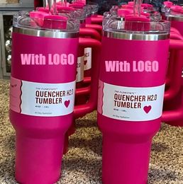 QUENCHER H2.0 40OZ mokken Cosmo Pink Parade Tumblers geïsoleerde autokopjes roestvrij staal koffie Termos Tumbler Valentijnsdag geschenk roze Sparkle 1:1 logo GG0206