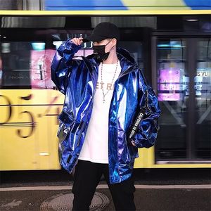 2019 Nouveau Mode Homme Discothèque Show Pu Cuir Veste Longue Lâche Manteau Équipe Coupe-Vent Streetwear Hip Hop Bleu T200502