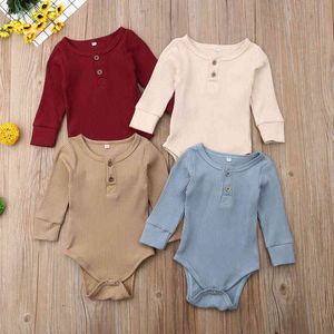 2019 Nieuwe mode solide pasgeboren babymeisje Baby Solid Ruffle Romper Romper Long Sleeve Bodysuit Jumpsuit Outfit Kleding 0-24m G220521