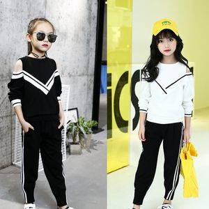 2019 nouvelle mode adolescent enfants filles rayure survêtement épaules nues hauts pantalons costumes de sport tenues enfants vêtements costumes