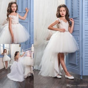 Nouvelles Robes De Filles De Fleur Pour Les Mariages Jewel Neck Cap Manches Dentelle Appliques Perles Haute Basse Longueur Anniversaire Enfants Fille Pageant Robes