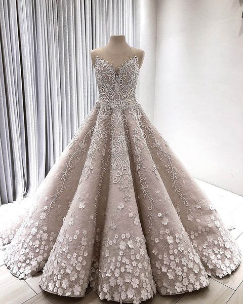 Robe De mariée luxueuse en dentelle à fleurs 3D, tenue De mariée royale dubaï perlée, Illusion De cou, nouvelle collection 2020