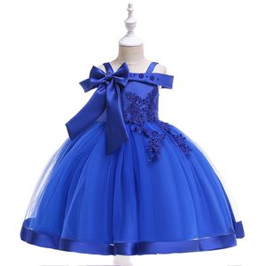 2022 Nouvelles Filles Pageant Robes Princesse De L'épaule Robes De Bal Grand Arc Appliques Genou Longueur Puffy Fleur Fille Robes pour Le Mariage