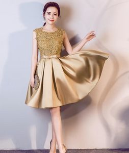 Nouvelle élégance dorée élégante robe de soirée courte formelle en dentelle robes d'occasion spéciale épaules fermeture éclair robes de soirée HY089