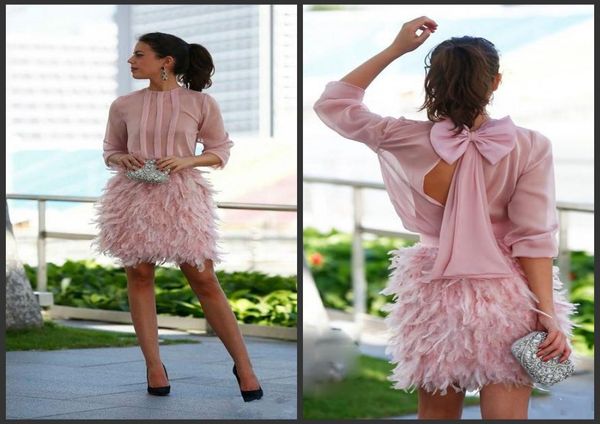 2019 Nouvelles magnifiques robes de bal courtes plumes à manches longues roses ouvertes avec des robes de soirée de roches de cocktail pour spécial1233800