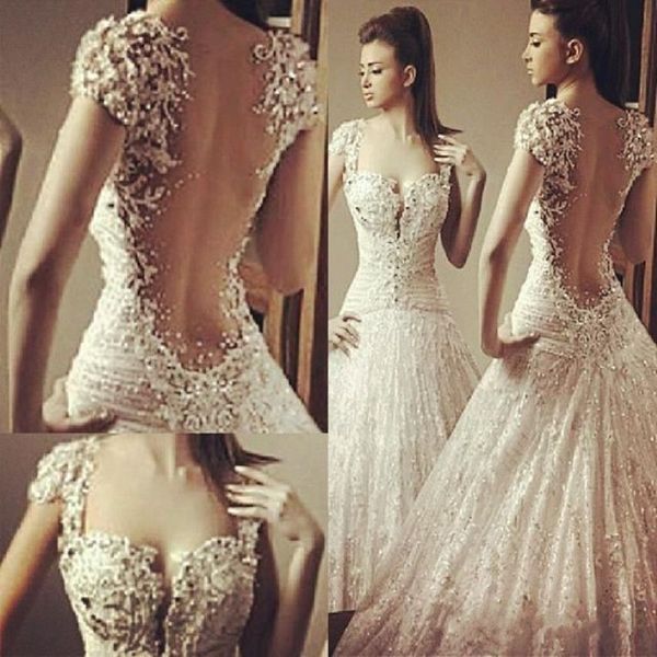 2019 nouvelles robes de mariée magnifiques perles dos nu Rami Salamoun plis col plongeant tribunal train tulle applique a-ligne Bridal220Z