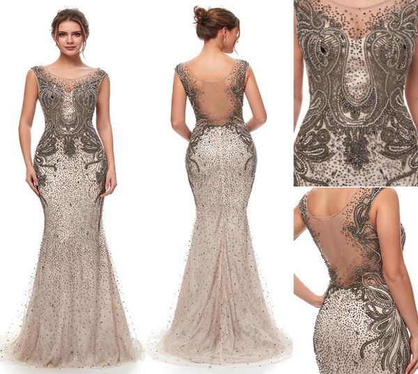 2019 NUEVO Great Gatsby Vintage Mocha Vestidos de noche de sirena con cuentas de lujo Use yousef aljasmi Sheer Neck Cap Manga árabe Prom Fo2484542