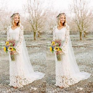 2019 Nuevo vestido de novia bohemio de encaje de guipur con mangas Pequeñas Una línea Tren de barrido Marfil Estilo rural Vestidos de novia bohemios