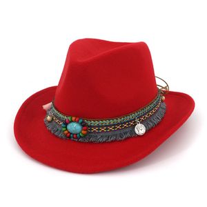 2019 nieuwe handgemaakte wol vilt cowboy fedora hoeden met etnische band roll rand jazz formele hoed mannen vrouwen carnaval party trilby hoed