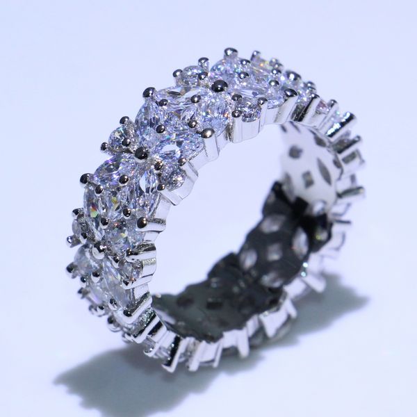 2019 Nouvelle Vente Chaude Bijoux De Luxe Réel 925 En Argent Sterling Blanc Clair Marquise Forme Topaze CZ Diamant Pierres Précieuses Femmes Bague De Fleur De Mariage