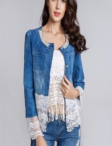 2019 New Jeans Jacket Femmes Casacos Feminino Slim Lace Patchwork Per perle denim Lady Elegant Vintage Vestes Coat Dropship WWJ084 Y5054251