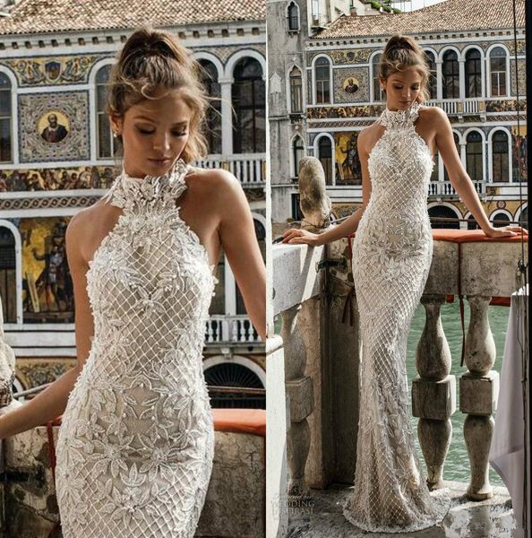 2020 Nouveau Julie Vino Printemps Robes De Mariée Sirène Halter Cou Dentelle Robes De Mariée Avec Perles Etage Longueur Appliques Robe De Mariée De Plage