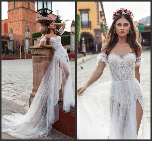 2019 Nouvelle Julie Vino Blanc Robes De Mariée Chérie Dentelle Robes De Mariée Deux Côtés Split Tulle Boho Plage Robe De Mariée Pas Cher