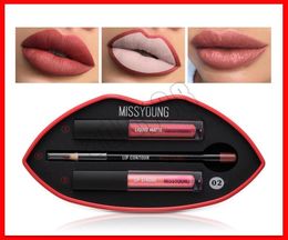 2019 NUEVO maquillaje de labios Missyoung Matte Liquid Lipstick Lip Liner Shimmer Lipgloss 3 en 1 Lip Make Up Set1561216