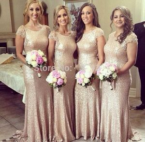 2019 nieuwe lange bruidsmeisjekleding champagne gouden pailletten vloer lengte bruidsmeisje jurken met korte mouwen baljurk trouwjurk
