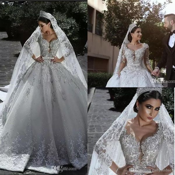 2022 Nuevo vestido de baile árabe con cuentas de lujo Vestidos de novia Glamorosos Mangas largas Apliques de tul Vestidos de novia ajustados de encaje con velo largo