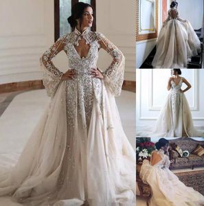 2019 Nieuwe Luxe Crystal Trouwjurken met Cape V-hals Kant Bruidsjurken Backless Boho Beach Plus Size Zien Through Drourses Bridal