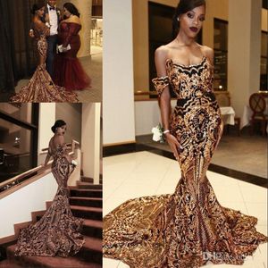 Nieuwe luxe goud zwart prom jurken zeemeermin uit schouder sexy Afrikaanse jurken vestidos speciale gelegenheid jurken formele avondkleding