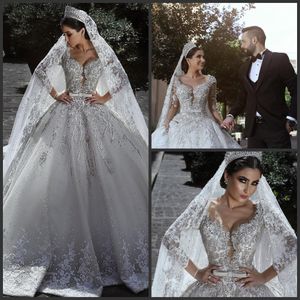 2019 Nieuwe Luxe Kant Baljurk Trouwjurken V-hals Kant Crystal Bruidsjurken Robe de Mariée Plus Size Lange Mouwen Trouwjurk Custom