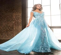 2019 Nieuwe Luxe Lichtblauw Sheer Jewel Hals Avondjurken ALine Kant Applicaties Kralen Overrokken Pageant Avondjurken Vestidos 7959296