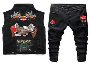 2019 New Men Black Jeans sets Fashion Spring Broidered Phoenix Flower Hole en détresse Suisse en denim Vêtes pour hommes Vêtements 2 PI1402852