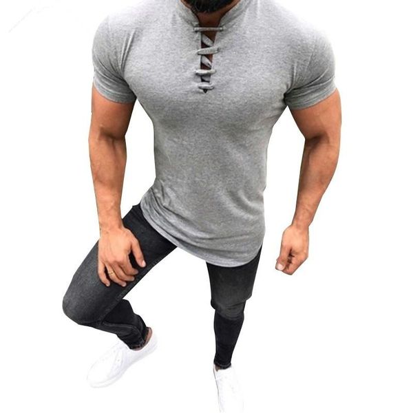 Nouveaux hommes Sexy Bandage t-shirt hauts mâle noir gris coupe ajustée couleur unie col Mandarin à manches courtes t-shirt S-3XL