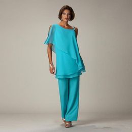 2019 nieuwe bescheiden twee stukken chiffon moeder van de bruid broek pakken een schouder bruiloft gasten jurk plus size goedkope moeders bruidegom jurken