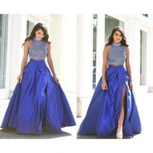 2019 nieuwe bescheiden twee stukken prom jurken vestidos arabisch koningsblauw lange kralen top backless spleet sexy feestjurken avondjurken
