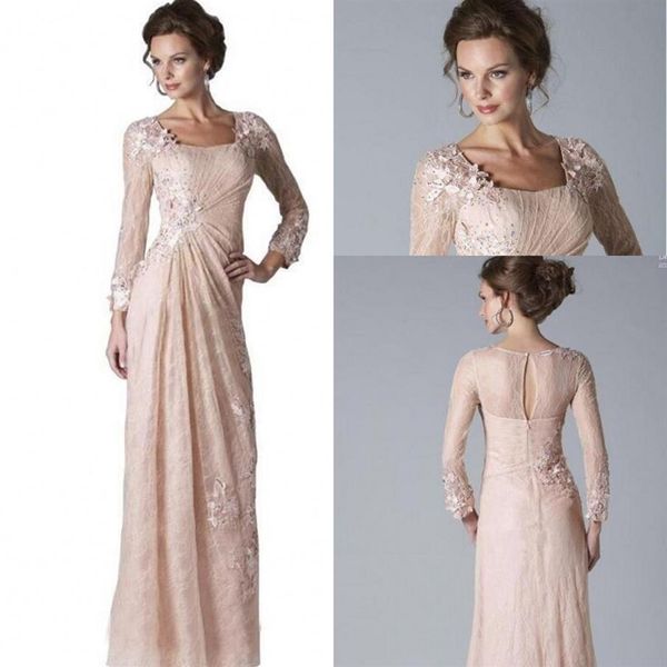 2019 Nuevos vestidos para la madre de la novia Cariño Mangas largas Blush Pink Full Lace Crystal Beaded Plus Size Party Boda formal Gu3060