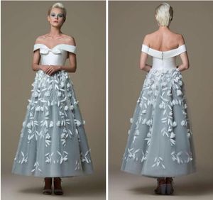 2019 Nieuwe Off Shoulder Tulle A Line Lange Prom Jurken 3D Handgemaakte Bloem Kant Applique Girls Pageant Towns Enkell lengte Formele feestjurken