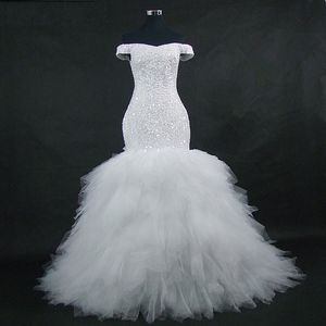 2022 Nouveau hors de l'épaule robe de mariée sirène perles volants à lacets dos vraies photos sur mesure plus taille mariée robe de mariée africaine