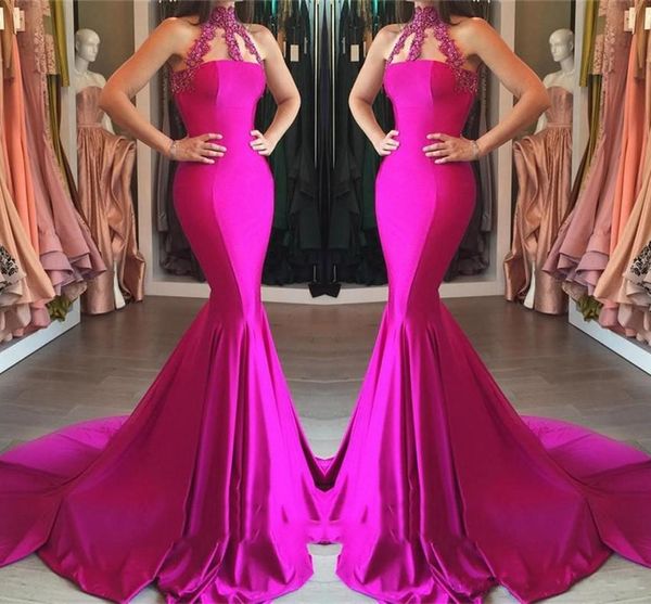 2019 nouveau modèle robes de bal rose vif longue dentelle appliquée pure col haut sirène tribunal train robes d'occasion spéciale tenue de soirée