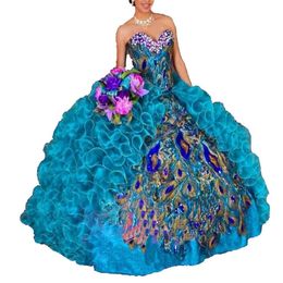 2019 NIEUWE Peacock Embroidery Ball Jurk Quinceanera Dresses Crystals For 15 Years Sweet 16 Plus Size Pageant Prom Party Jurk QC1034 228N