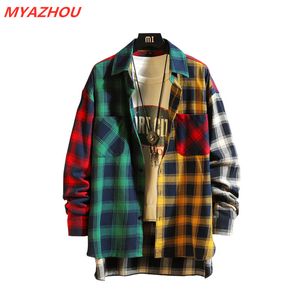 patchwork red plaid shirt men's street casual hip hop long-sleeved shirt men's loose large size M-5XL