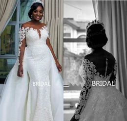 2019 nouvelles robes de mariée grande taille bijou cou dentelle appliques balayage train jupe détachable robe de mariée sirène à manches longues robes de mariée