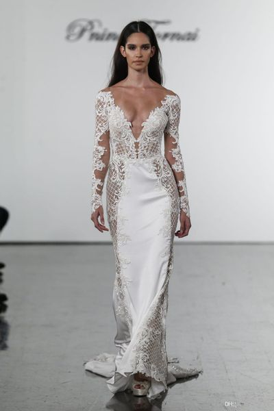 2020 NOUVEAU PNINA TORNAI MERMAID Robes de mariée V COU DENTE DE LA DACE ROMES DE NIVRE PLUS Taille Robe de mariée à manches longues