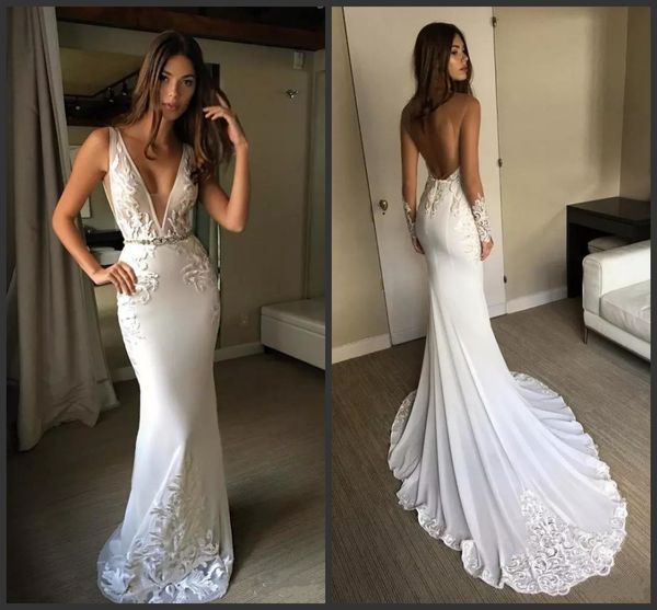 2019 Nuevos vestidos de novia de sirena vintage Berta Apliques Escote en V Sin mangas Sash Vestidos de novia por encargo Vestido de novia sin espalda