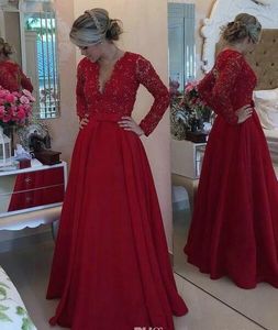 2019 nieuwe rode kant moeder van de bruid jurken voor bruiloften knoppen chiffon lange mouwen v-hals kralen een lijn avond bruidegom moeder jurken