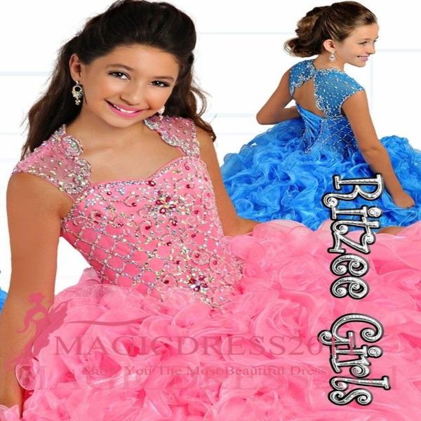 2019 Nouveau Ritzee Petites Filles Pageant Robes Perlées Volants Organza Robe De Bal Longueur De Plancher Rose Bleu Robes De Fille De Fleur Personnalisé Ma2341